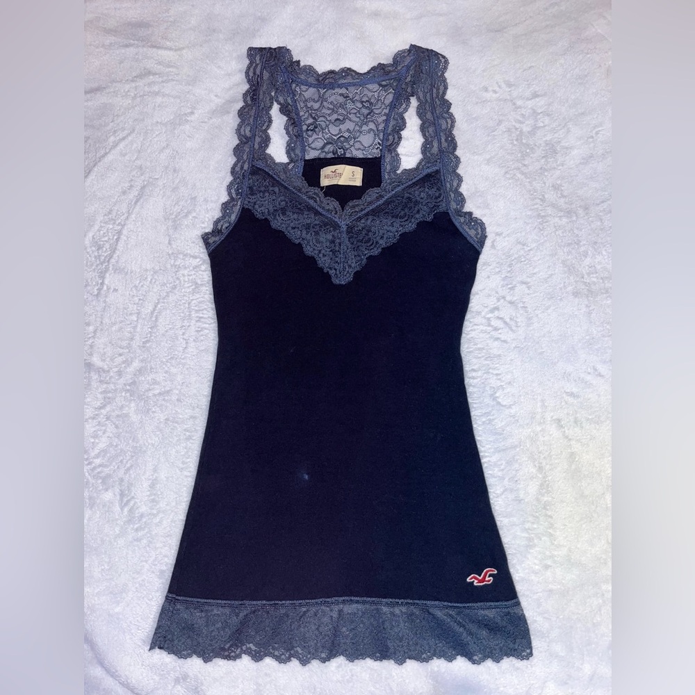 Vintage Hollister Y2K Navy Lace Trim Racerback Cami Tank Top - S